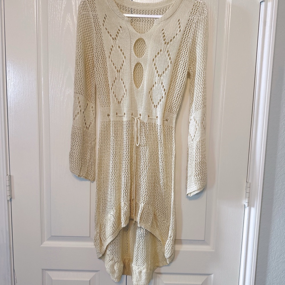 Womans Crochet Tunic Beach Pool Cover up Dress Knitted Size OS Cream